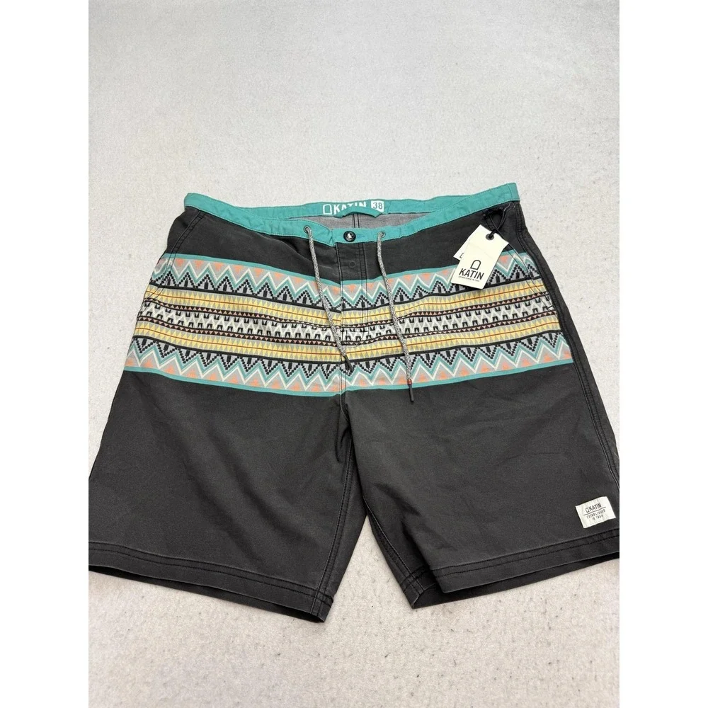 Katin Tide Trunk Board Shorts Mens 38 Black Aztec Swim Trunks Surf Beach
